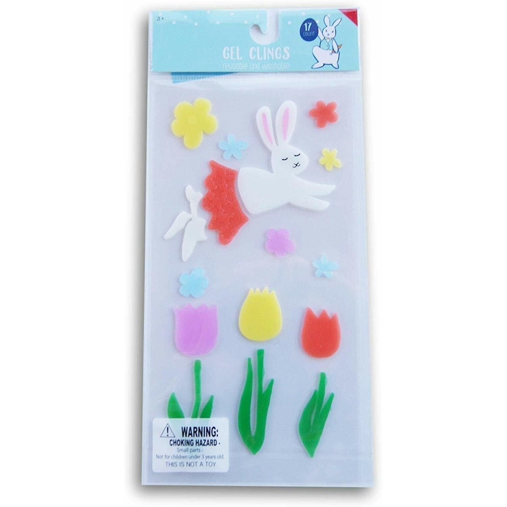 NEW Spring Easter Bunny Rabbit Flowers CUTE Window Gel Clings Decorations 17 pcs